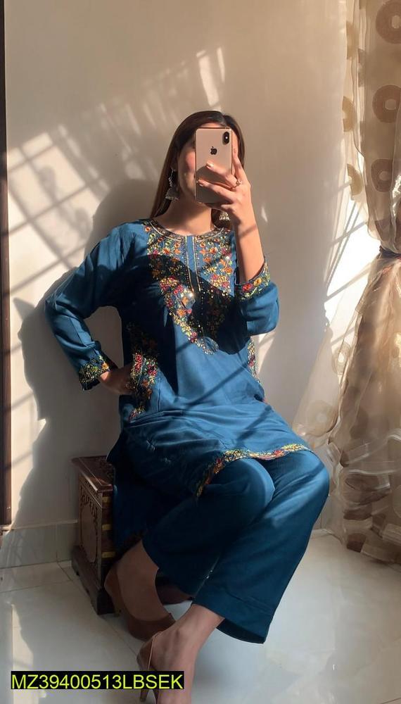 2 Pcs Women's Stitched Linen Embroidered Suit
