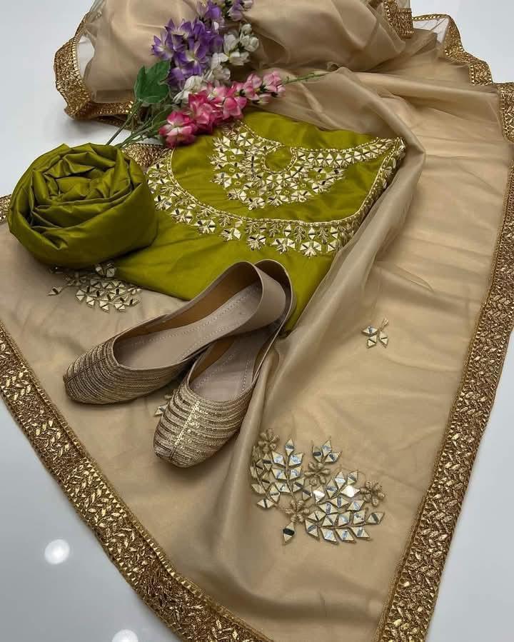 3 Pcs Women's Unstitched Mirror Work Suit
