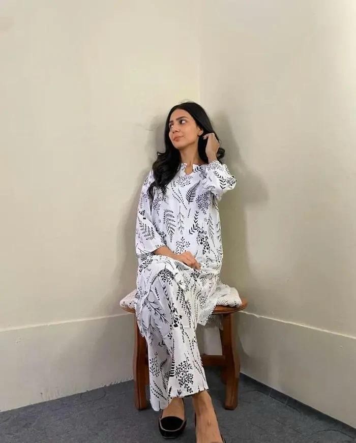Women's Stitched Linen Printed Shirt and Trouser Set - 2 Pcs